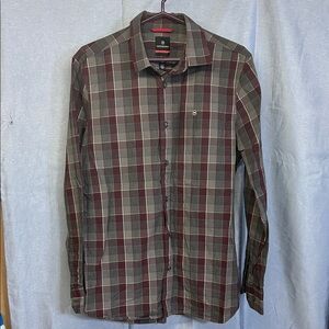 Victorinox Men's Burgundy and Olive Plaid casual button down Shirt